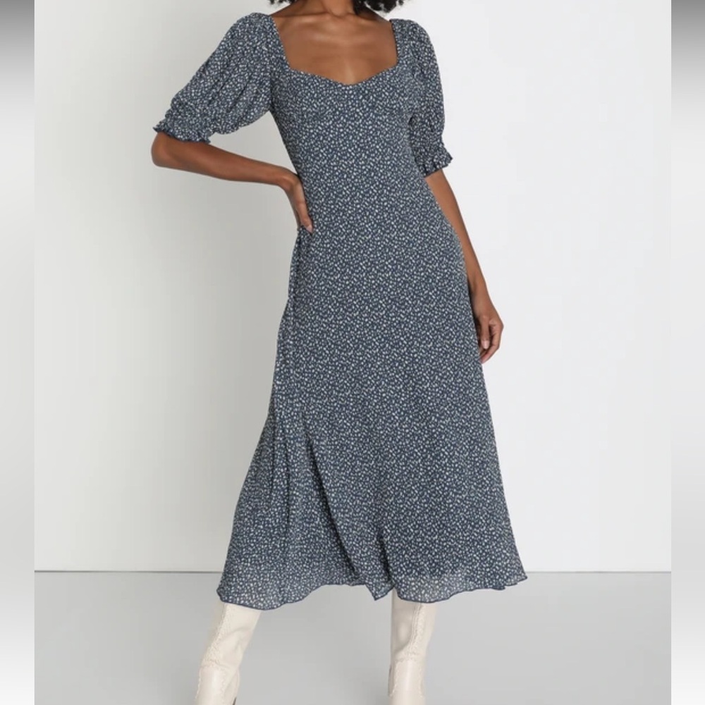 LULUS Perfect Aura Blue Floral Print Plisse Tie-Back Midi Dress